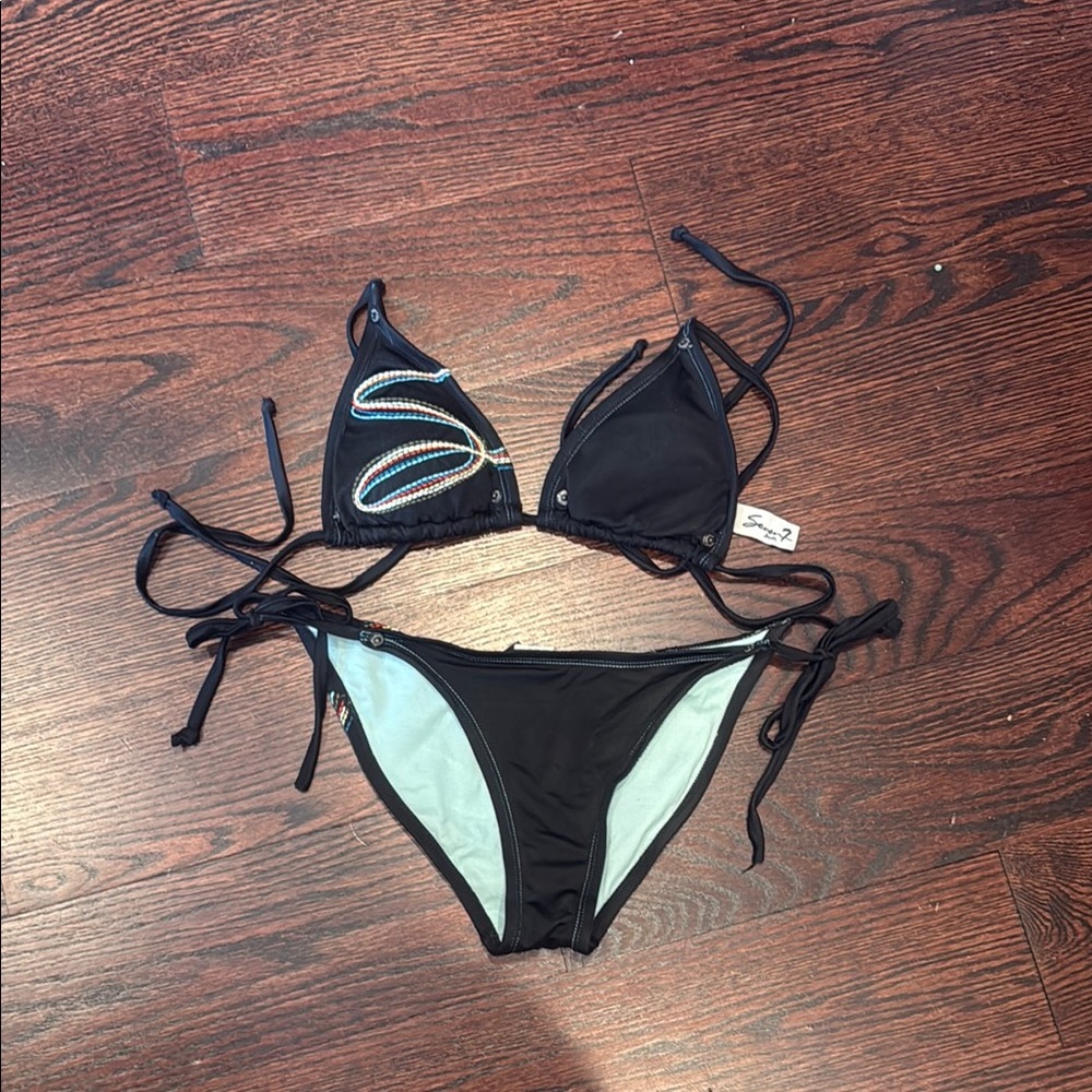 Seven7 Black Bikini with Blue and White Accents